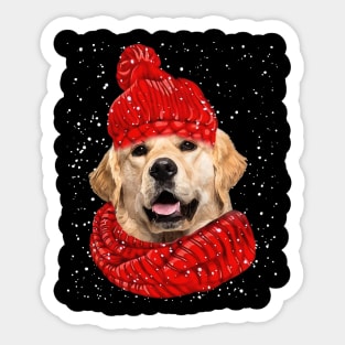 Golden Retriever Wearing Red Hat And Scarf Christmas Sticker